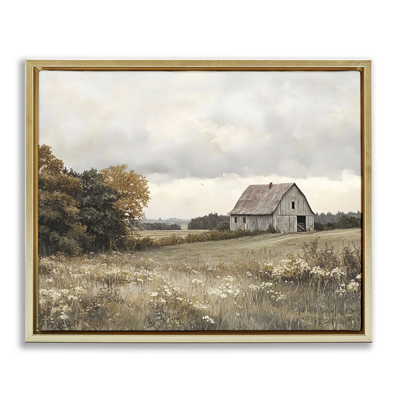 Cadre flottant Meadow Autumn Barn Meadow, design par LSR Design Studio, H 17 po x l 21 po, Cadre flottant métallique doré