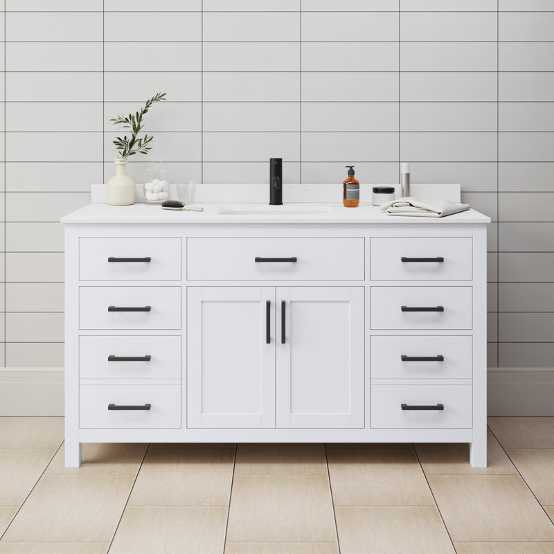 Beckett 60" Single Bathroom Vanity Set, White, White Cultured Marble, Matte Black