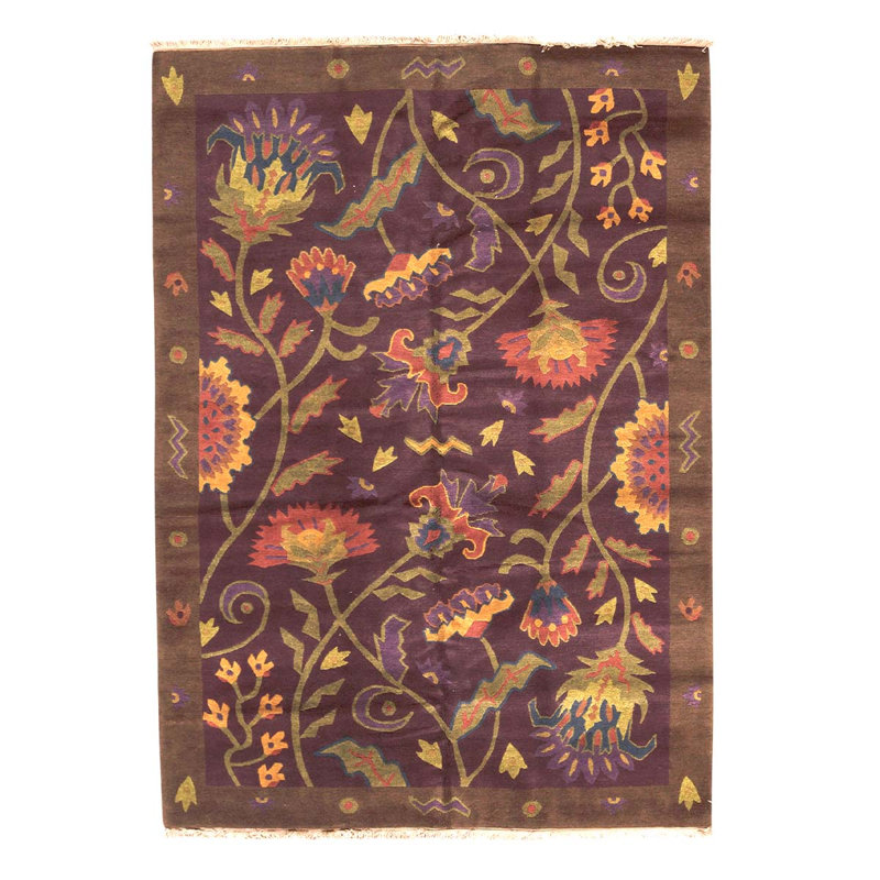 Tapis floral mauve / brun / vert en laine noué à la main 5 pi 10 po x 9 pi 1 po Floral
