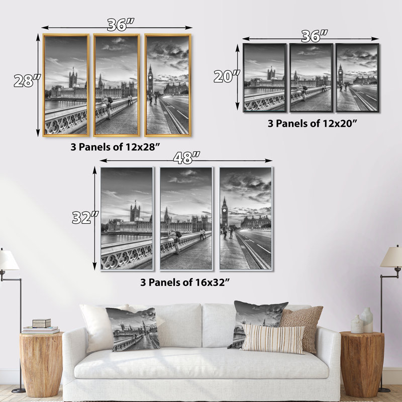 Beautiful London Black and White View - Cityscape, ensemble de 3 toiles d'art encadrées, H 32 po x l 48 po x P 1 po