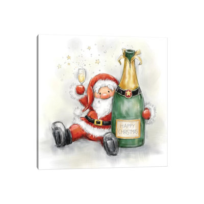 Santa Holding Bottle by MAKIKO - Wrapped Canvas Print