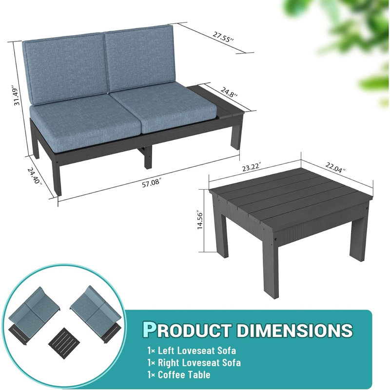 Modular Sectionals HDPE 3 Piece Modern Patio Set for Outdoor Entertaining
