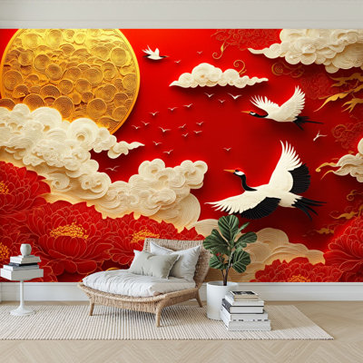 Peel and Stick Wallpaper 96" W x 69" H Modern Self Adhesive Wall Mural for Bedroom Cranes Red Peonies Golden Sun Clouds Traditional Asian Art