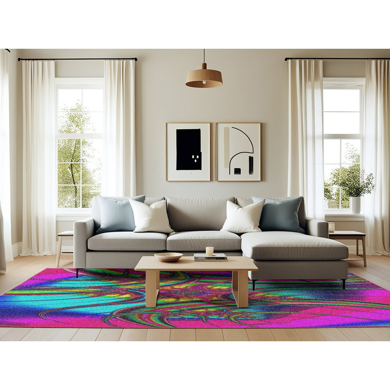 Tapis rose/bleu/vert à tissage électrique, Rectangle 6 pi x 9 pi