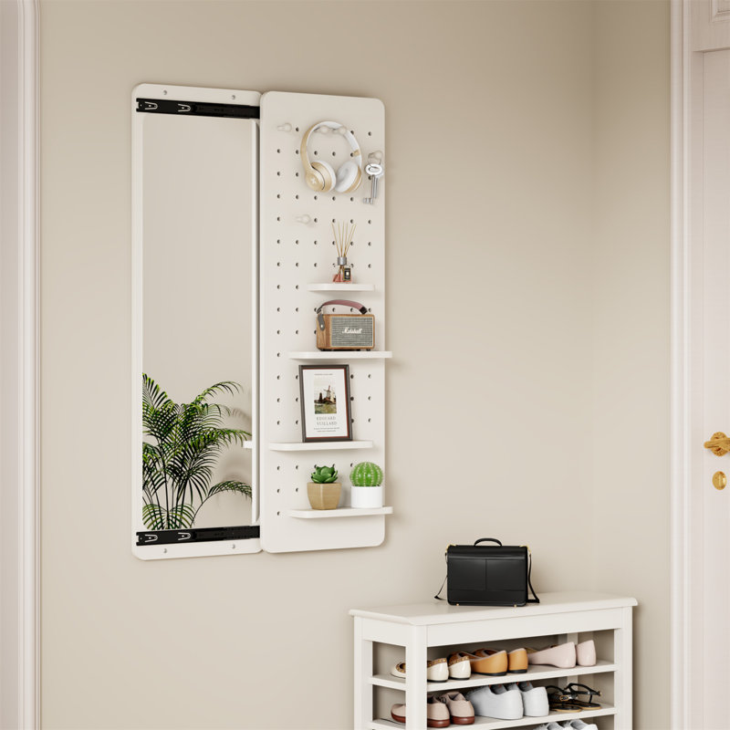 Wall Mounted Full Length Mirror, Full Body Mirror With Shelf, Full Body Mirror With Hook Wall Mounted Mirror With Multifunctional Design Panel, Bedroom/Living Room/Entrance White(47.6*15.7In)