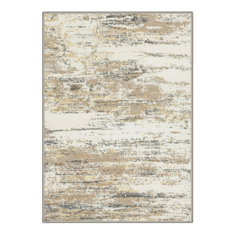 Aura Abstract Strokes Machine Washable Sand Beige Indoor Area Rug With Non-Slip Backing, Rectangle 6' x 9'