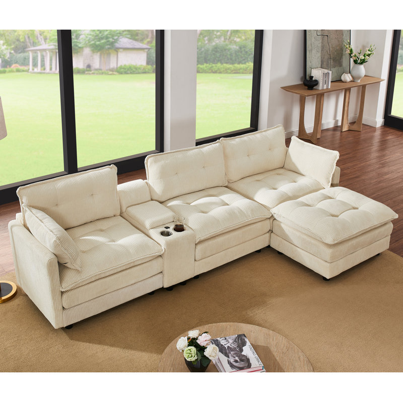 Canapé modulaire surdimensionné en velours côtelé de 119 po avec console multifonctionnelle et porte-gobelet, Beige, 1