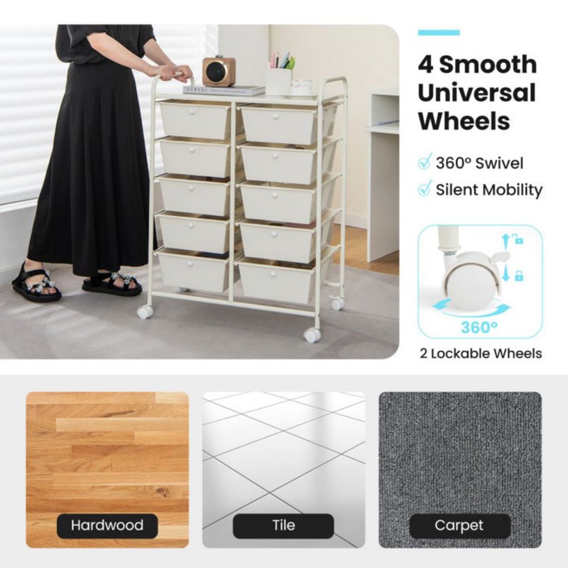 White 10-Drawer Rolling Storage Cart with Metal Frame