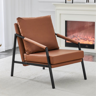 Fauteuil d'appoint moderne en similicuir, fauteuil rembourré simple avec structure en métal noir robuste, fauteuil de lecture industriel pour salon, chambre, salle d'attente de bureau, brun