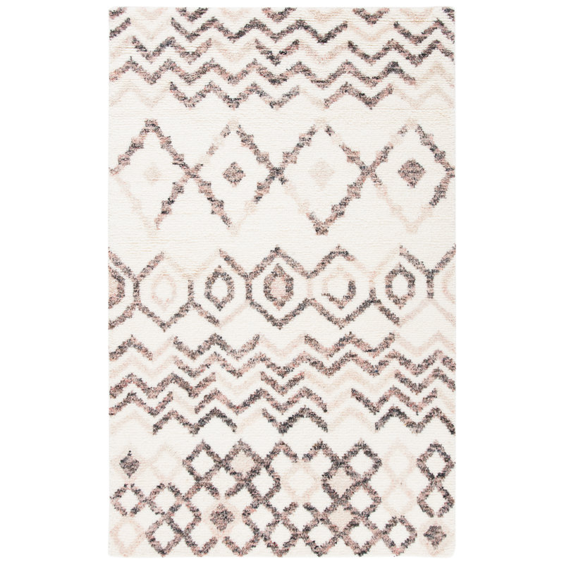 Tapis géométrique en laine / coton noué à la main Clarkedale brun / ivoire / gris, Rectangle 5 pi x 8 pi