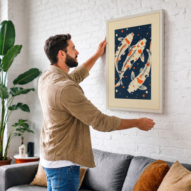 Koi Under Stars Modern 1 Piece Wrapped Canvas Wall Art, 18x12 - 45.7 x 30.5 cm, Teal Border