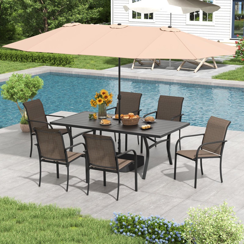 Ensemble de salle à manger rectangulaire pour 6 personnes avec parasol, Brun / Noir, Beige, Black