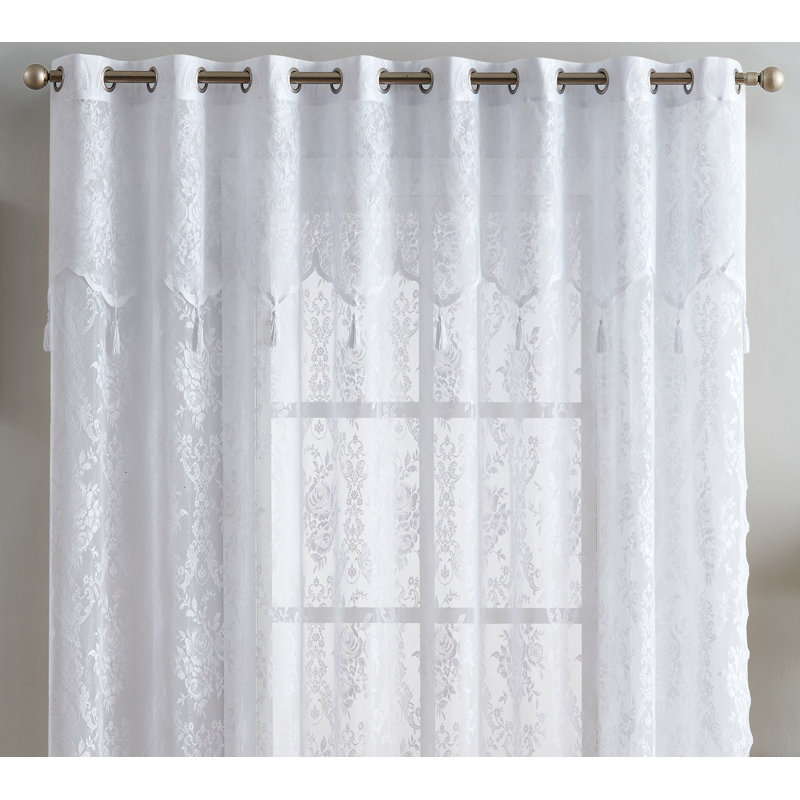Natasa Sheer Patio Door Curtain Panel with Attached Valance and Tassels, White