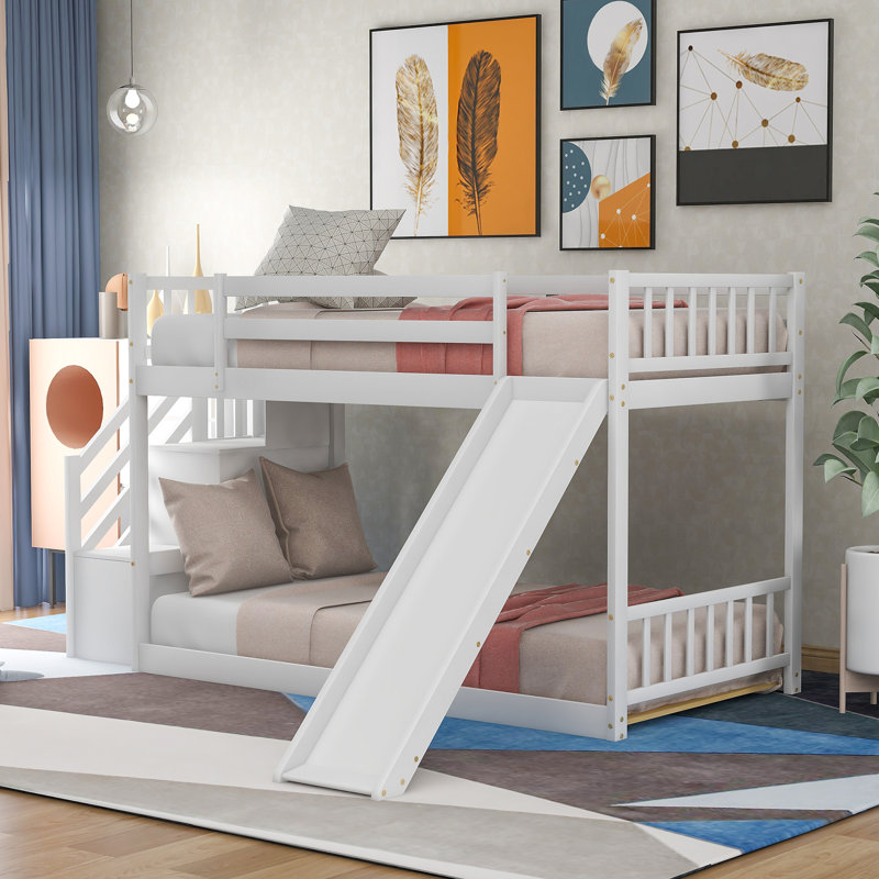 Lit superposé avec glissière convertible et escalier, Blanc