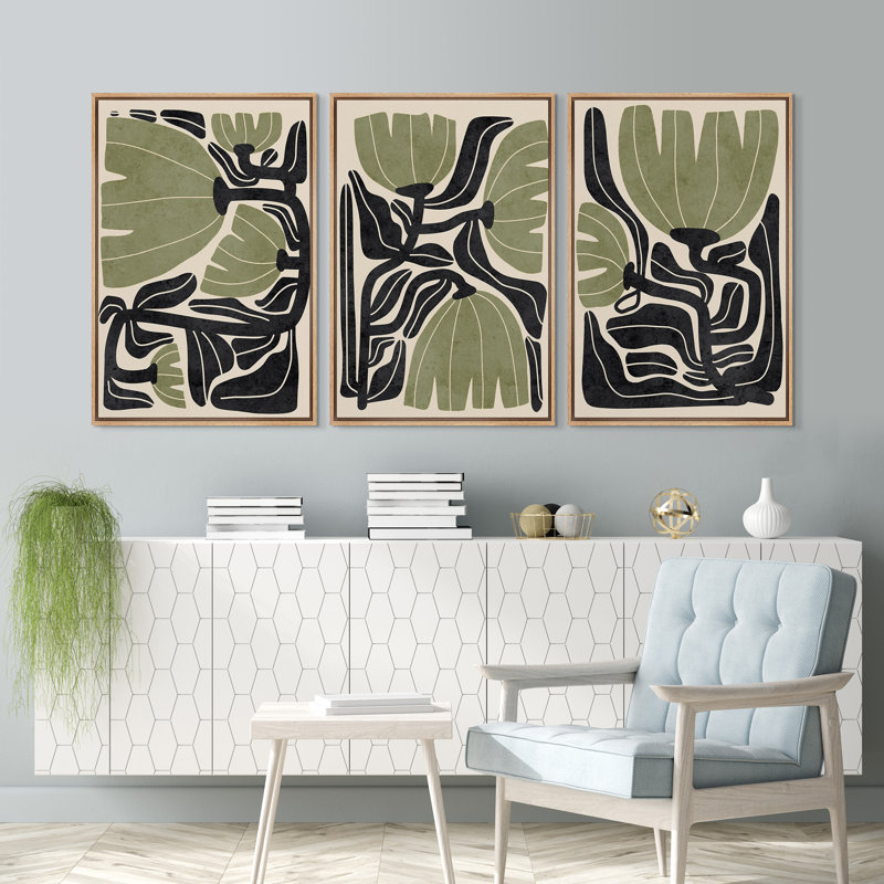Abstrait vert géométrique, feuille de fleur, art naturel de style Mid-Century Boho, art mural, salon, Naturel