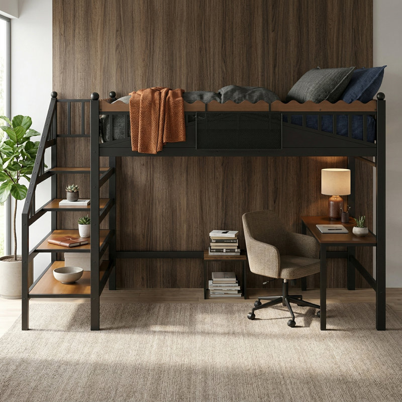 This Luxurious Black Queen-Style Loft Bed Features A Multi-Functional Storage Staircase And Bookshelf Design, Saving Space While Meeting Storage Needs.