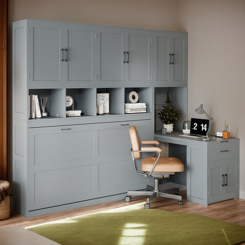 Lit escamotable peu encombrant avec garde-robe latérale et tiroirs de rangement, bureau