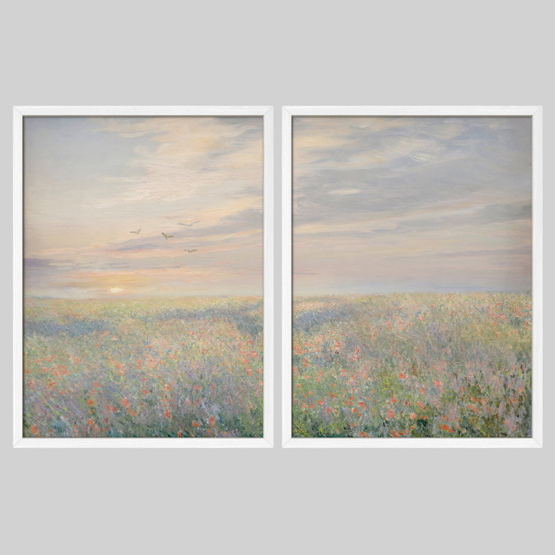 2-Piece Framed Sunrise Meadow Wall Art Set - Impressionist Landscape Prints for Living Room or Hallway Decor, 14" H x 11" W