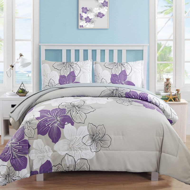 Ensemble d'édredon floral 7 pièces avec draps en microfibre toutes saisons, Grand édredon et 6 pièces supplémentaires, Mauve