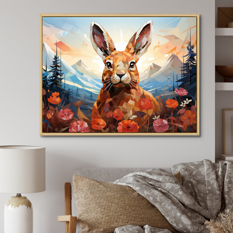 Rabbit Energetic Hopper Geometric I - Animals Wall Art Prints, H 30 po x l 40 po x P 1,5 po, Cadre naturel flottant