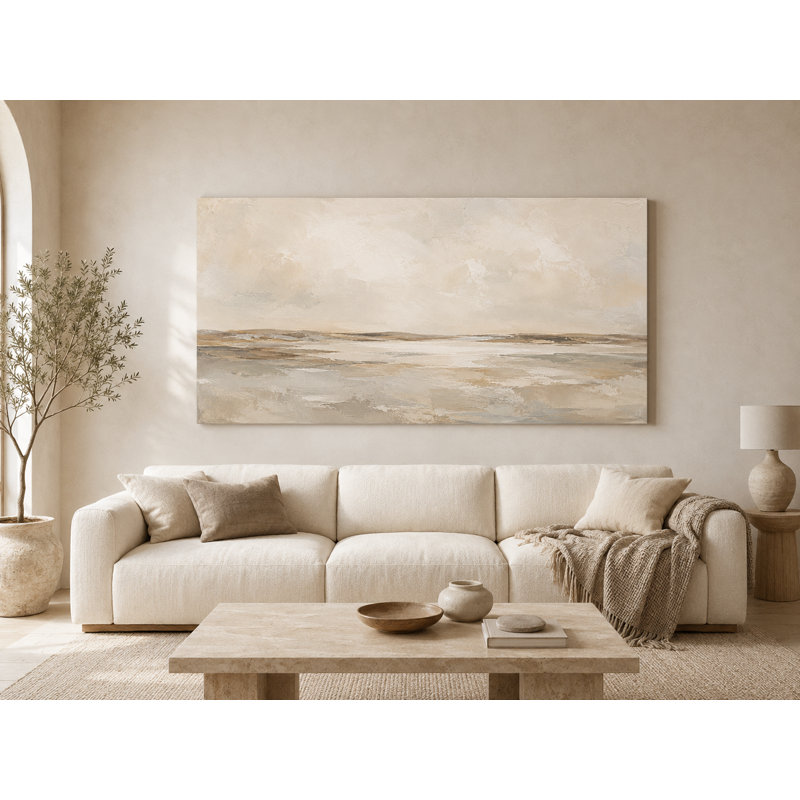 Paysage côtier ivoire et taupe enveloppé à Ingeburg, L 55 po x H 27,5 po x P 1,5 po