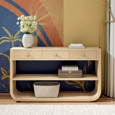 Console courbée avec 3 tiroirs et 2 tablettes, base en bois massif pour le salon
