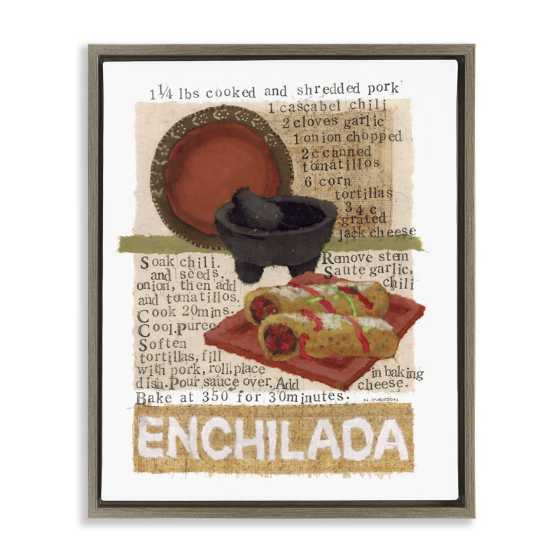 Art mural encadré mexicain, "Enchilada Recipe" par Nancy Overton, Cadre flottant orme Montalcino, H 31 po x l 25 po