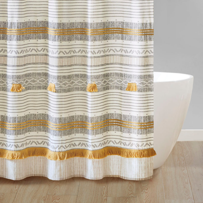 Gray and Yellow Cotton Striped Shower Curtain with Tassels