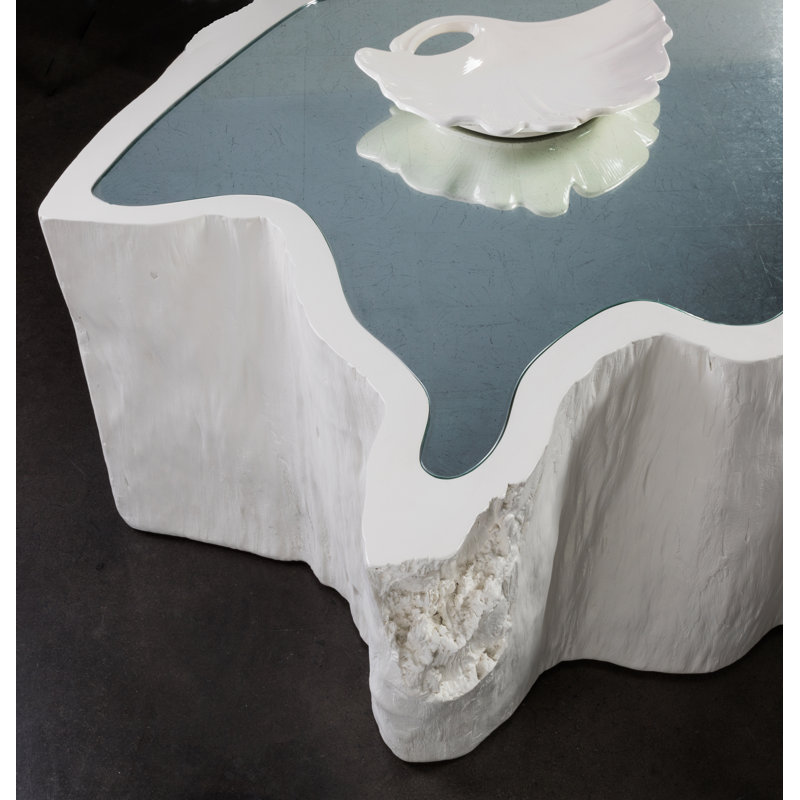 White Glass Top Asymmetrical Cocktail Table with Storage