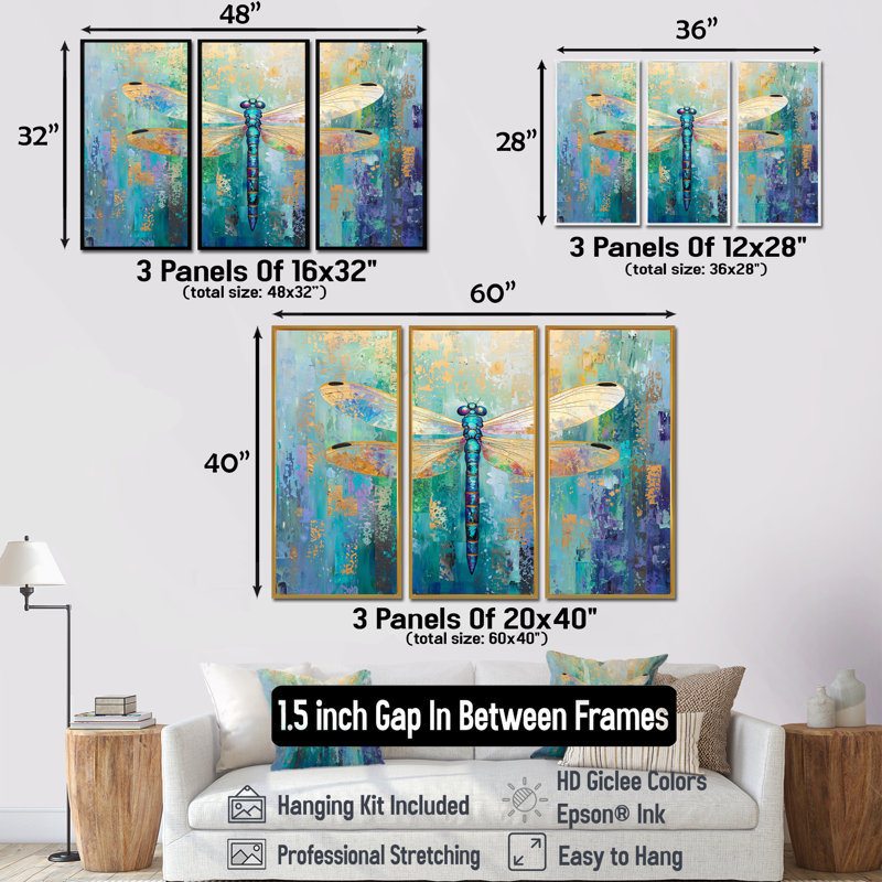 Ensemble de décorations murales Emerald Dragonfly Iridescent Wings II - Libellule, H 32 po x l 48 po, Doré