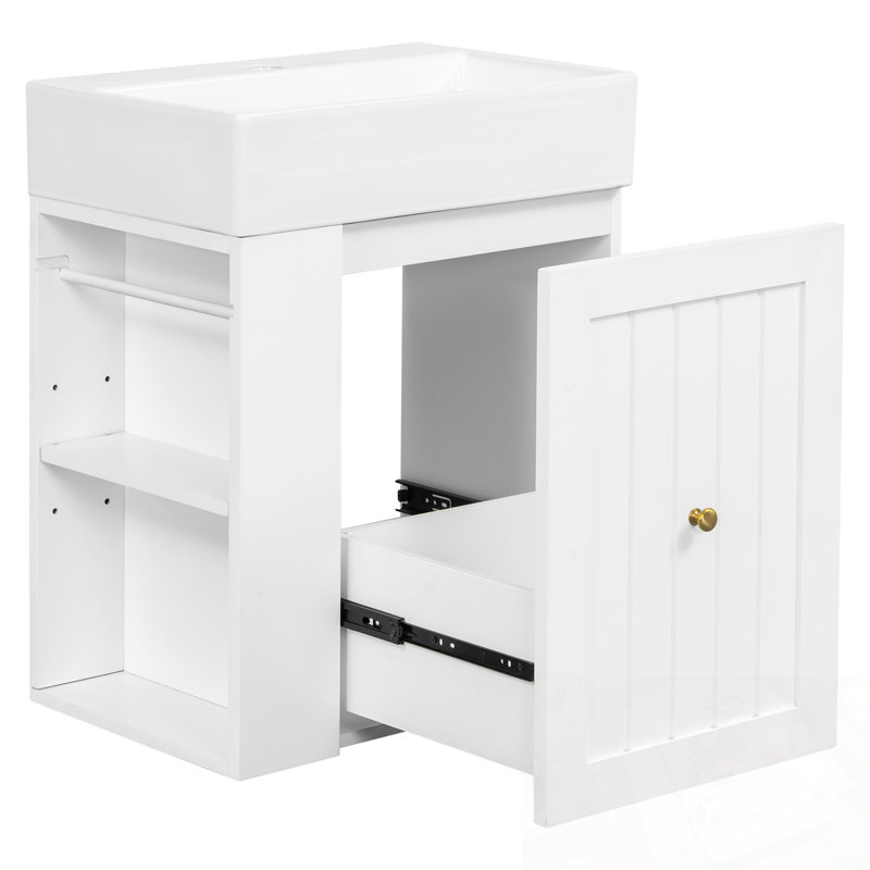 Meuble-lavabo mural avec lavabo et tablette latérale, Blanc
