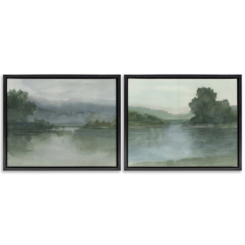 Ensemble de 2 toiles flottantes Misty Twilight Lake View, design par Ethan Harper, Cadre flottant noir de jais