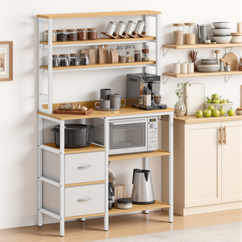  Baking Rack With Power Outlets & Fabric Drawers, Kitchen Shelf For Baking & Coffee Station, White