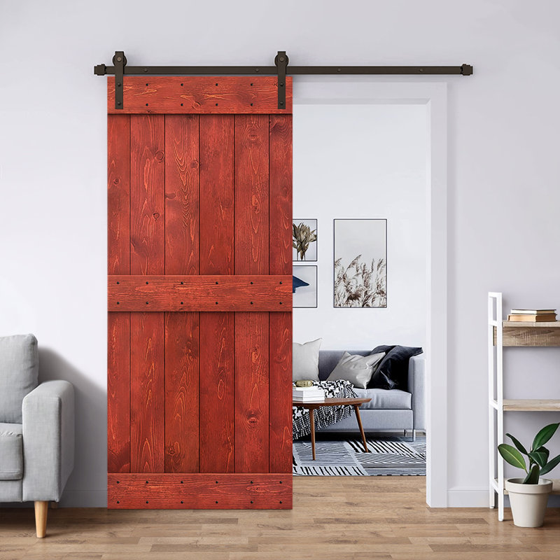 Porte de grange à panneaux et en bois avec quincaillerie d'installation, 26 po x 84 po, Rouge cerise, Noir mat