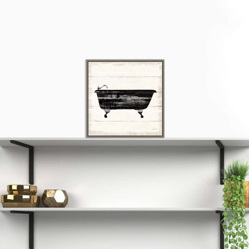 «Shiplap Bath I» par Sue Schlabach, reproduction sur toile flottante, Encadré gris, H 16 po x l 16 po x P 1,875po