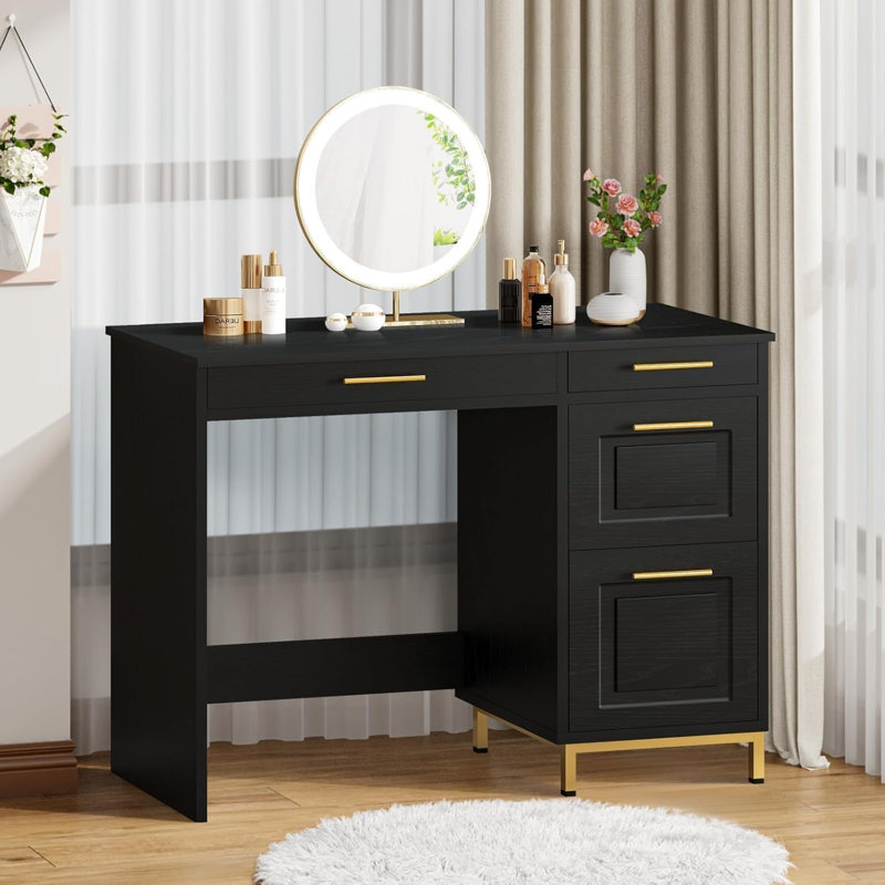 Bureau d'ordinateur rectangulaire avec tiroirs Hasib, Noir, noir, noir, noir