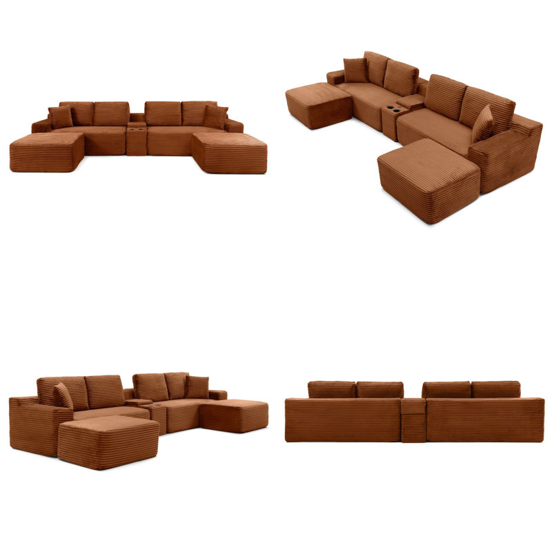 Canapé modulaire en velours côtelé 125 po avec 2 repose-pieds, canapé en forme de L, porte-gobelets, ports USB, modulaire 5 pièces