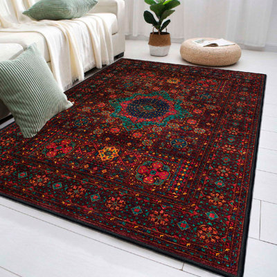 Antibacterial Cotton Area Rug, 2.6 x 3.3 ft | Non-Slip PVC Underside, Pile Height: 0.4 in, Total Thickness: 0.3 in | Machine Washable, Durable & Stylish, Claret Red, Camel & Green Color Design for Modern Living Spaces