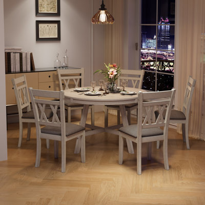7 Piece Solid Wood Dining Table Set for 6 Person, 47 inch Round Kitchen Table with 6 Chair Set, Modern Farmhouse Table Set for Dining Room, Kitchen Living Room