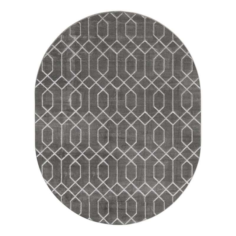 Tapis gris argenté à motif géométrique glam, Ovale 7 pi 10 po x 10 pi