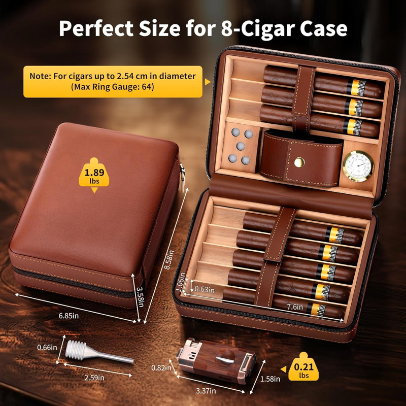 Étui à cigares de voyage, boîte en cuir doublée de bois de cèdre avec coupe-V intégré 3 en 1, humidificateur, hygromètre, pochette pour accessoires, rangement portable pour 8 cigares