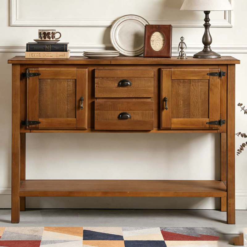 46'' Solid Wood Sideboard Console Table with 2 Drawers and Cabinets and Bottom Shelf, Brown