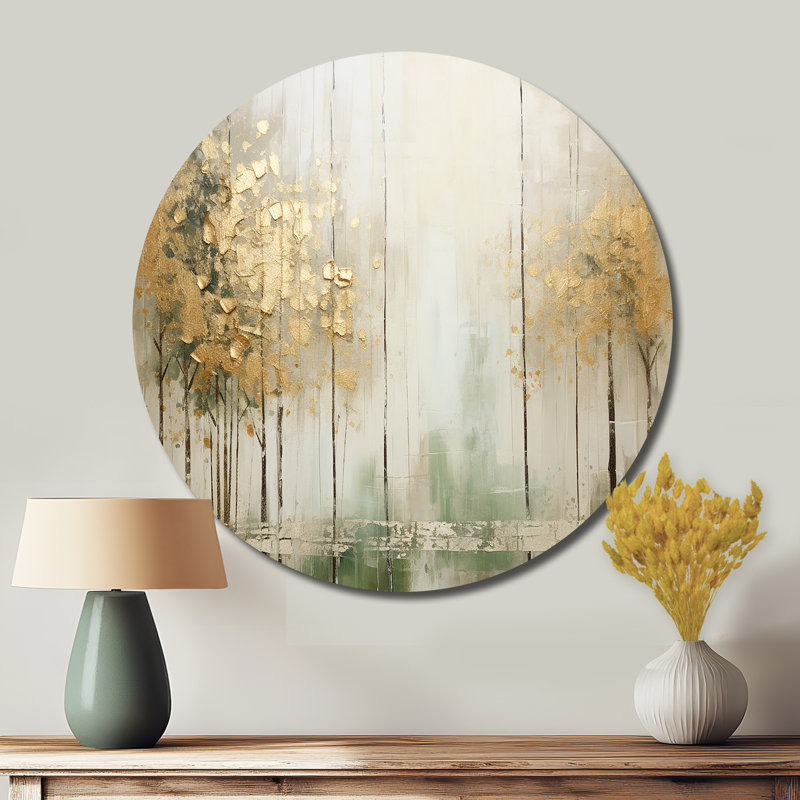 Art mural rond en métal Minimalisme beige et forêt dorée II, H 29 po x l 29 po