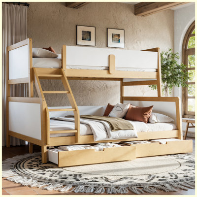 White & Natural Twin XL over Queen Bunk Bed with Storage Drawers, Convertible Design