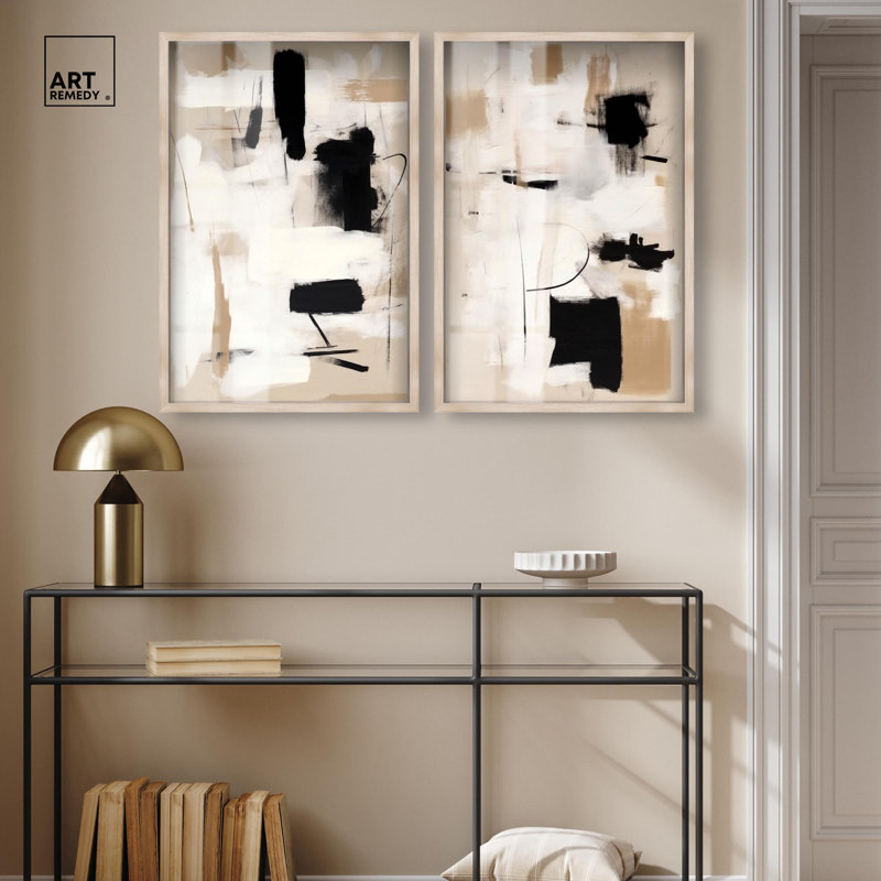 Ensemble de décor mural abstrait « Shadowbox Print » – Ensemble de décor mural bohème doré par Art Remedy, cadre noir, 10 x 15