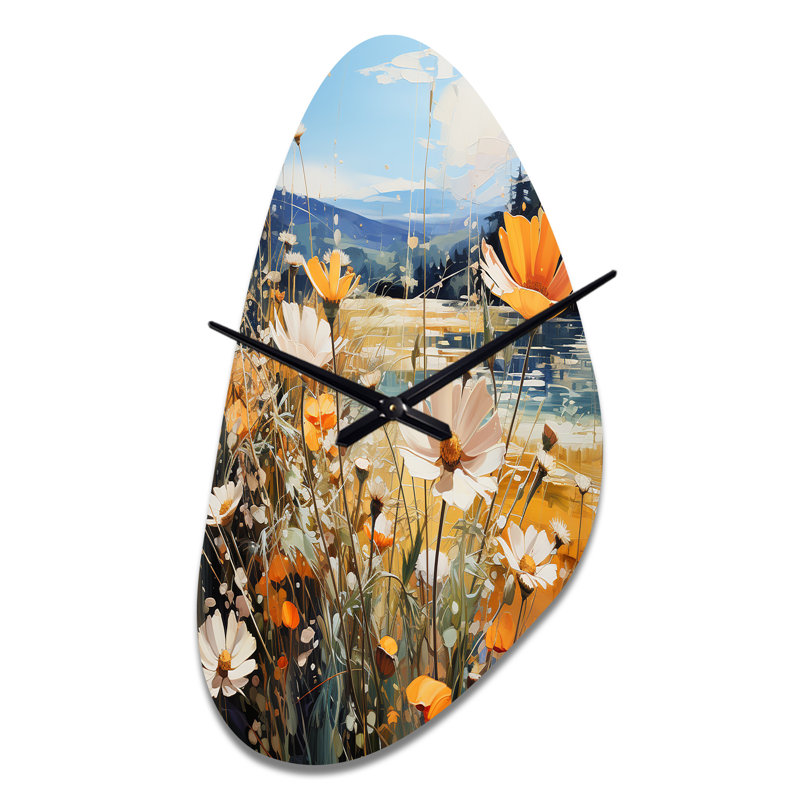 Sunny Meadows - Paysage horloge murale asymétrique en métal, impression d'horloge murale moderne unique, Grand