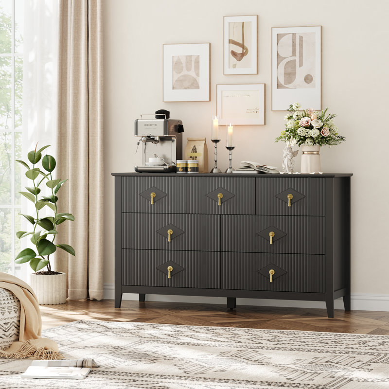Dresser for Bedroom with 7 Drawers, 54" Wide Modern Chest of Drawers with Metal Handle, Dresser TV Stand, Black
