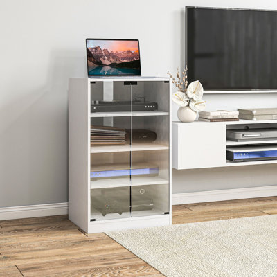 Armoire 4 médias, portes en verre trempé, tablettes réglables, gestion des câbles, blanc vieilli pour joueurs 4, moderne avec gestion, lustré