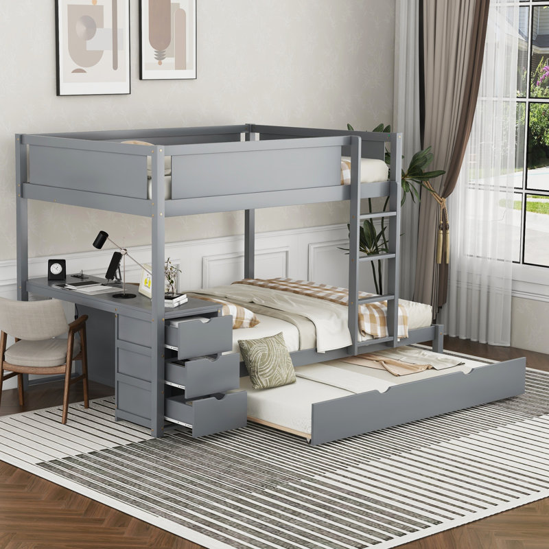 Lit superposé double avec lit gigogne simple, rangement et bureau, gris, Gris