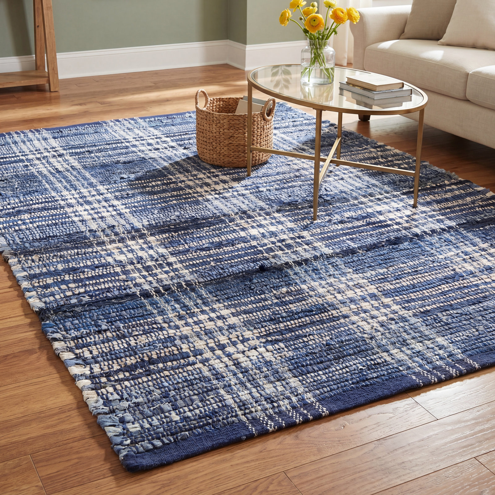Denim Plaid Handwoven Cotton Rug, Rectangle 5' x 8'